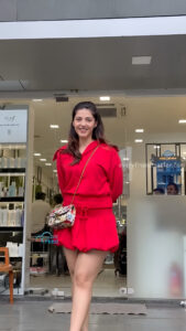 mehreen kaur pirzada hot thick thighs back view in red mini dress HD 12