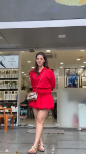 mehreen kaur pirzada hot thick thighs back view in red mini dress HD 143