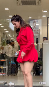 mehreen kaur pirzada hot thick thighs back view in red mini dress HD 21