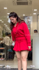 mehreen kaur pirzada hot thick thighs back view in red mini dress HD 27