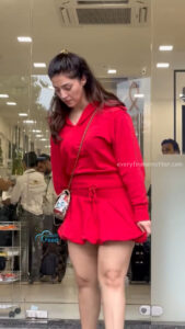 mehreen kaur pirzada hot thick thighs back view in red mini dress HD 28