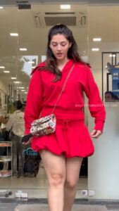 mehreen kaur pirzada hot thick thighs back view in red mini dress HD 33