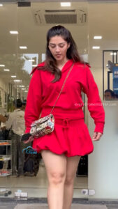 mehreen kaur pirzada hot thick thighs back view in red mini dress HD 34