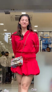 mehreen kaur pirzada hot thick thighs back view in red mini dress HD 39