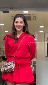 mehreen kaur pirzada hot thick thighs back view in red mini dress HD 46