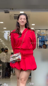 mehreen kaur pirzada hot thick thighs back view in red mini dress HD 5