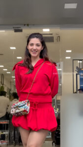 mehreen kaur pirzada hot thick thighs back view in red mini dress HD 6